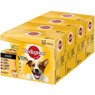 Abbildung von PEDIGREE Portionsbeutel Multipack Adult 4 Varietäten in Sauce mit Huhn, Rind+Leber, Truthahn, Rind+Lamm x 12 100g
