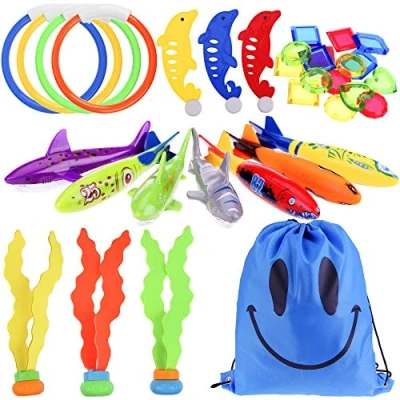 Abbildung von Faburo 34 stück Tauchen Spielzeug Unterwasser Pool Set mit Torpedos Tauchringe Edelsteine Fisch Algen Schwimmspielzeug für Kinder