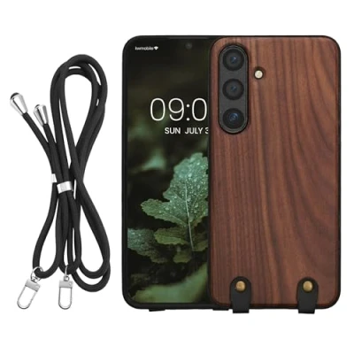 Abbildung von kwmobile Necklace Case kompatibel mit Samsung Galaxy S24 Hülle Holz TPU Cover Handykette Band Handyhülle Dunkelbraun
