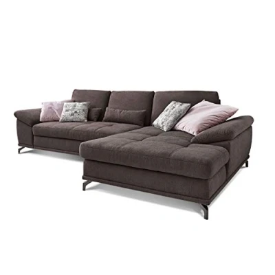 Abbildung von Cavadore Ecksofa Castiel mit Federkern / Großes Sofa in L Form Sitztiefenverstellung und XL Longchair 312 x 89 173 Webstoff, Dunkelbraun