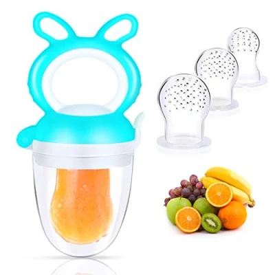 Abbildung von Oladwolf Fruchtsauger Baby, Fresh Fruit Schnuller für Baby &amp; Kleinkind mit 3 Silikon Obstsauger Nippel Ersatz in Größen, BPA Frei Fruchtschnuller Beißring Obst Gemüse Essen Beikost, Blau