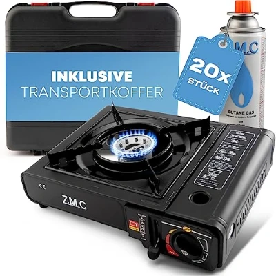 Abbildung von Z.M.C Gaskocher 1 flammig inkl. Adapter für LPG + Aufbewahrungskoffer 20 Gaskartuschen 227g, Campingkocher Outdoor und Innenraum, Campinggaskocher 2,2 kW mit Piezozündung