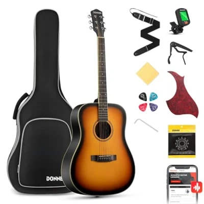 Abbildung von Donner Gitarre Akustik Anfänger Erwachsene Akustikgitarre Kit Einsteiger 4/4 Dreadnought 41 Zoll Gitarren mit 6 Saiten Gigbag Capo Plektren Gurt (Sunburst）