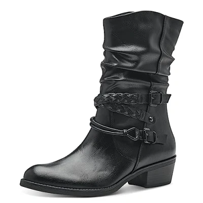 Abbildung von MARCO TOZZI Damen Stiefeletten mit Absatz aus Kunstleder Schnallen, Schwarz (Black), 36