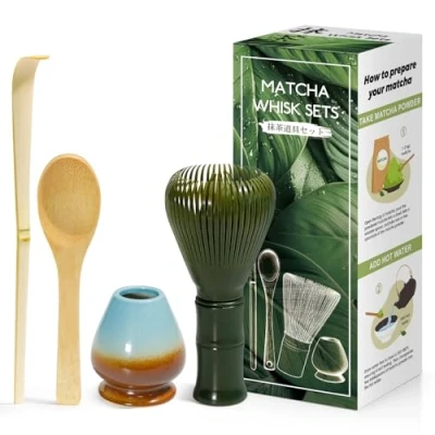 Abbildung von 4 Stück Matcha Set Japanische Zeremonie, Grün MatchaBesen aus Harz, Bambuslöffel, Bambusschaufel, Quirlhalter, Zubehör für die Teezeremonie, Getränk Kaffeeblau verlaufend