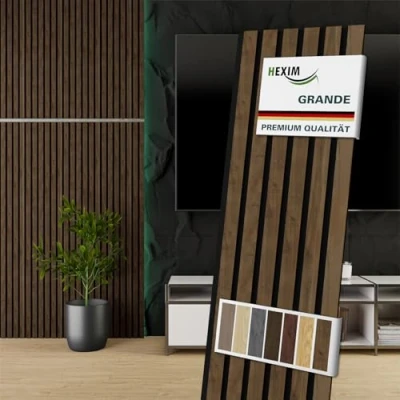 Abbildung von HEXIM Akustikpaneele Holz 140x30cm Grande 6er Set (2,518m²) Holzpaneele Wandpaneele 21mm Schalldämmung MDF Akustikfilz Wandverkleidung Hellbraun Light Walnut