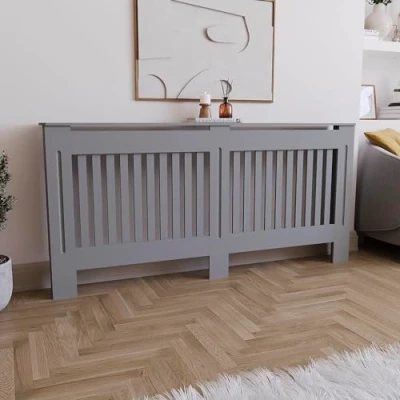 Abbildung von Vida Designs Chelsea Heizkörperabdeckung, modernes Lamellengrill Design, grau lackierter MDF Schrank, extra groß, (H: 82 / B: 172 T: 19 cm)