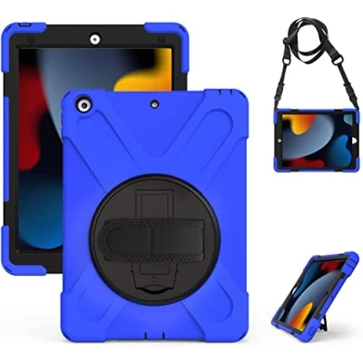Abbildung von Gerutek Hülle für iPad 10,2 Zoll (9./8./7. Generation), Stoßfeste Robust Panzerhülle mit Stifthalter, Drehbar Stände, Handschlaufe, Schultergurt Schutzhülle 10.2&quot; 2021/2020/2019, Blau
