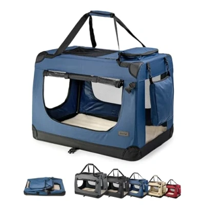 Abbildung von lionto Hundetransportbox faltbar für Reise &amp; Auto, 101x69x70 cm, stabile Transportbox mit Tragegriffen Decke Katzen Hunde bis 25 kg, robuste Hundebox aus Stoff klein groß, dunkelblau