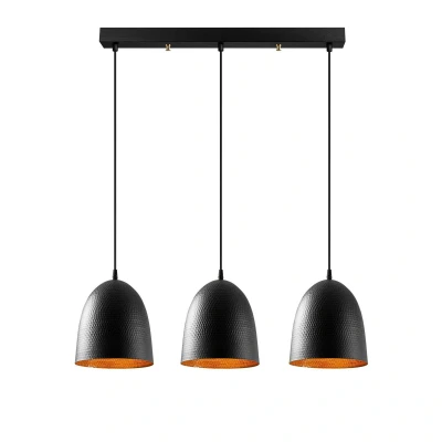 Abbildung von Hängeleuchte 3 Lampen Glocken aufgereiht Gakuli L70cm Metall gehämmert Schwarz Menzzo