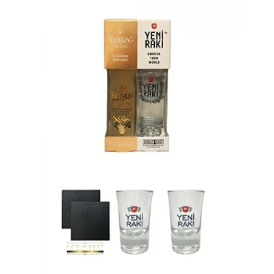 Abbildung von Yeni Raki 0,35 Liter + Tekirdag Gold Türkei in Geschenkverpackung Schiefer Glasuntersetzer eckig ca. 9,5 cm Ø 2 Stück Shot Glas