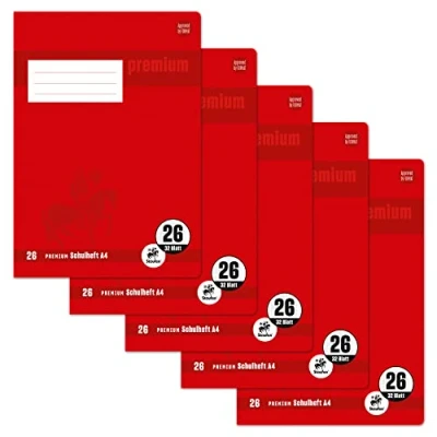 Abbildung von Staufen Premium Schulheft DIN A4, Lineatur 26 (5mm kariert mit Rand), 32 Blatt, 90g/m² Papier, 5 Stück
