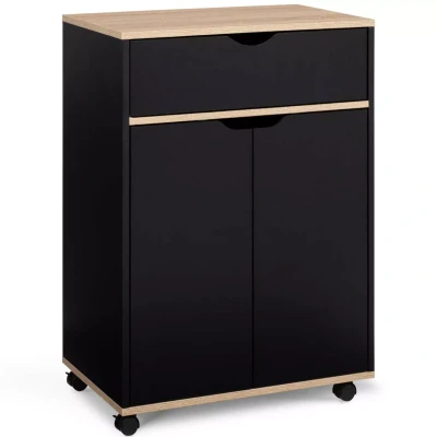 Abbildung von IDMarket Küchenwagen Cosy Schrank mit Schublade aus schwarzem Holz und Platten in Buche Optik, Länge 60 cm