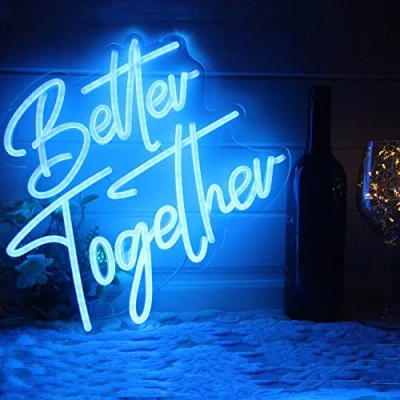 Abbildung von DAKABUKA Better Together Leuchtreklamen Blau LED Neon Hochzeitsschilder für Brautduschen, Wanddekoration, Verlobung, Jubiläumsfeier, mit dimmbarem Schalter, 5 V, USB betrieben (14,6 * 13 Zoll)