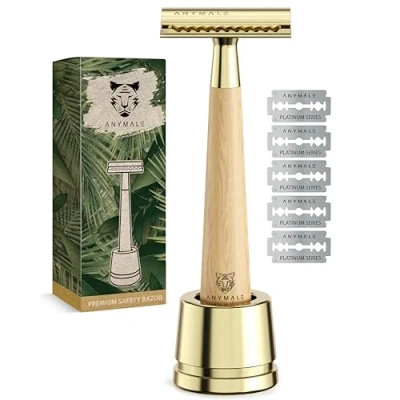 Abbildung von ANYMALE® Rasierhobel Gold Edition Damen Set mit Ständer und 5 ASTRA Klingen Plastikfreier Rasierer Griff aus Ahornholz