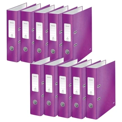 Abbildung von Leitz Qualitäts Ordner 180, 10er Pack, A4, 8 cm Rückenbreite, laminierte Graupappe, Violett, WOW Serie, Design kann variieren, 10050062