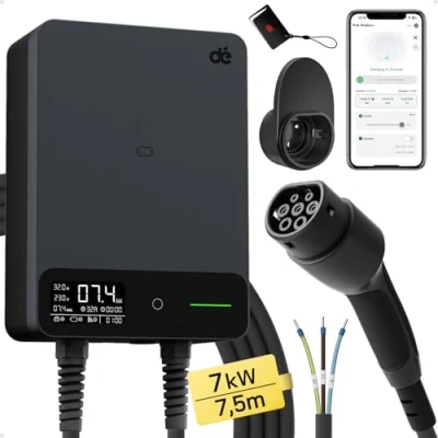 Abbildung von dé Wallbox 7kW [6 32A, 1 Phase] Ladestation für Elektrofahrzeuge mit 5 m Typ 2 Ladekabel, RFID und Steckerhalter, RCD B &amp; IP54 Schutz E 208 andere BEV/PHEV