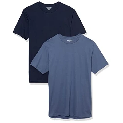 Abbildung von Amazon Essentials Herren T Shirt mit kurzen Ärmeln und Rundhalsausschnitt in schmaler Passform, 2er Pack, Dunkelblau/Marineblau, S