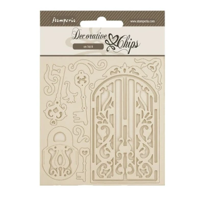 Abbildung von Stamperia Decorative Chips for Scrapbooks, Albums, Cards, Bullet Journals and More, Laser Cut Cardboard Shapes, Easy to Glue, Perfect Hobbies, Crafts, Gifting (Old Lace, Gate Key)
