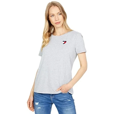 Abbildung von Tommy Hilfiger Damen Flaggenherz T Shirt, Stone Grey Heather Heart, XXL