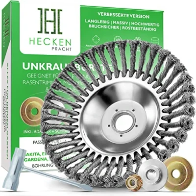 Abbildung von HECKENPRACHT© Profi Unkrautbürste für Freischneider Verbessertes Konzept 2025 Wildkrautbürste Motorsense zur effektiven Unkrautentfernung 25,4mm Bohrung Drahtbürste