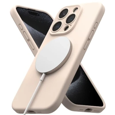 Abbildung von Ringke Magnetic Case Kompatibel mit iPhone 15 Pro Hülle 6,1 Zoll MagSafe [Silicone Magnetic] Kameraschutz und Weiches Gefühl Silikon Magnetische Handyhülle Pink Sand