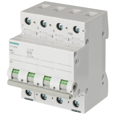 Abbildung von Siemens 5TL16630 Ein und Ausschalter 63A 3P+N in 4TE 400V, Griff grau
