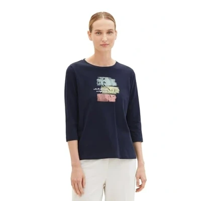 Abbildung von TOM TAILOR Damen Basic T Shirt mit Blumen Print, sky captain blue, M