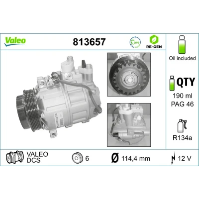 Abbildung von VALEO 813657 Kompressor DCS 12 PAG 46 R 134a mit Kompressoröl AUSTAUSCHTEIL MERCEDES BENZ: Sprinter 3.5 T Pritsche/Fahrgestell, E Klasse modell