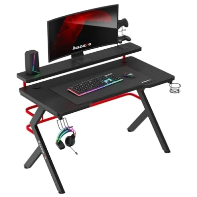 Abbildung von huzaro Hero 5.0 Gaming Tisch Schreibtisch Computertisch Bürotisch 120x60 cm Monitorständer Kopfhörerhaken Getränkehalter Zwei Kabeldurchführung Carbon Tischplatte Gamer Schwarz Rot