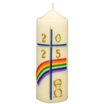Abbildung von Kopschitz Kerzen Osterkerze blaues Kreuz, Regenbogen, A und O, Jahreszahl 140 x Ø 50 mm