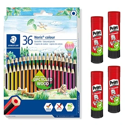 Abbildung von STAEDTLER Noris colour Buntstifte Set inklusive 4 Pritt Klebestifte, bruchfest, ergonomische Softoberfläche, starker, langlebiger Klebstoff, 36 + Klebestifte á 22 g, 185 CD36X