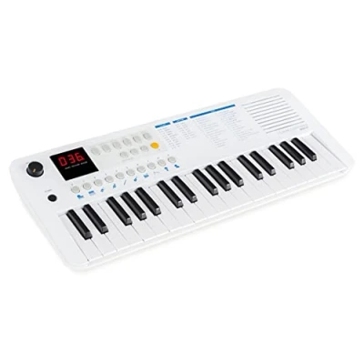 Abbildung von Classic Cantabile Mini 37 Keyboard Tasten Stromversorgung über USB C oder Batterien 100 Sounds und Rhythmen MIDI Lautsprecher Kopfhörerausgang weiß blau