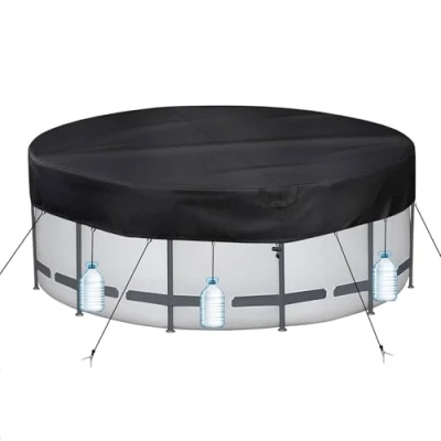 Abbildung von PATWING Wetterfeste Poolabdeckung Rund Ø 432 für Ø370 427cm Pools, UV resistente Poolplane INTEX &amp; BESTWAY mit Kordelzug und Bodennägeln zur Sicherung von Pool Abdeckplane