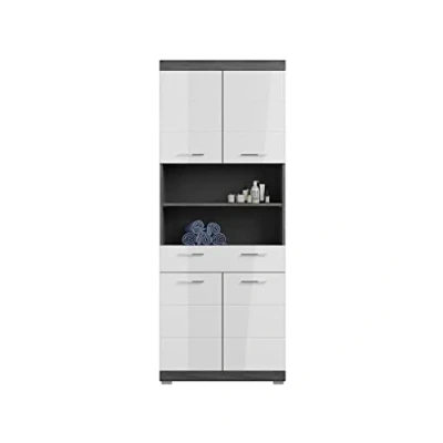 Abbildung von furnling Hochschrank Scott, Badezimmerschrank, Standschrank für Badezimmer, mit 4 Türen, innen Fächer, 2 offene 1 Schublade, FSC Zertifiziert, Badezimmermöbel, Badmöbel, Rauchsilber weiß