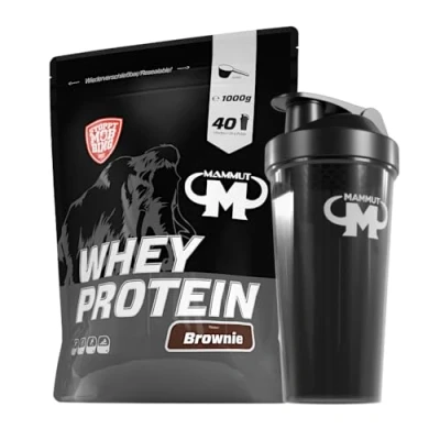 Abbildung von 1kg Mammut Whey Protein Eiweißshake Set inkl. Shaker, Riegel, Powderbank oder Tasse (Brownie, Gratis Shaker)