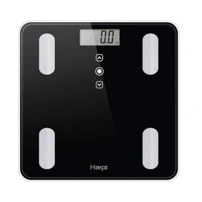 Abbildung von Haepi, Glas Körperanalysewaage, Körperanalyse (Fettmasse, Knochenmasse, Muskelmasse, Wasseranteil) BMI und Kalorien Design präzise Batterien inklusive 15 Jahre Garantie
