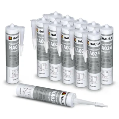 Abbildung von HAUSA Reparatur Mörtel Cement Fix HA024 12x 310ml zementgrau gebrauchsfertiger Fugenmörtel zum Verfugen Füllen Ausbessern von Fugen Brüchen Rissen, Express Zement für Innen &amp; Außen, Dichtmasse