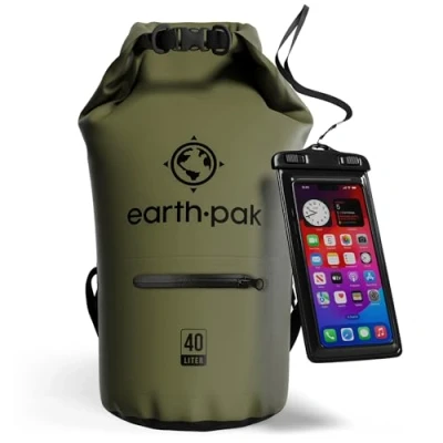 Abbildung von Earth Pak Torrent Serie Dry Bag wassersdichte Tasche mit verstellbarem Schultergurt und wasserfester Handyhülle Ideal beim Kajak Fahren Angeln Rafting Grün 40L