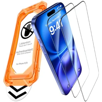 Abbildung von UniqueMe für iPhone 15/16 Panzerglas [Full Screen Displayschutz] Schutzfolie Schutzglas,Auto Installation,2 Stück