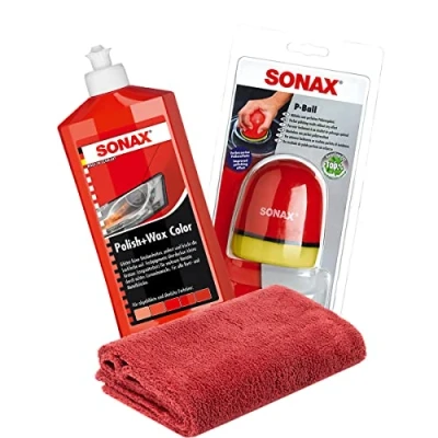 Abbildung von detailmate SONAX Hand Polier Bundle: Polish+Wax Color rot 500ml Politur + P Ball ergonomischer Edgeless Mikrofaser Poliertuch 550GSM
