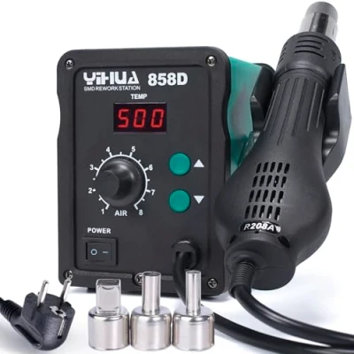 Abbildung von YIHUA 858D Heißluft Lötstation Entlötstation 700W für SMD Löten und Entlöten mit einstellbarer Temperatur Luftvolumen, PID Temperaturkontrolle, Auto Start/Stop Funktion, Heißluftdüsen (EU PLUG)