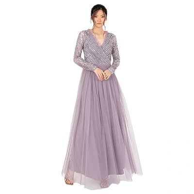 Abbildung von Women&#039;s Maxi Dress Ladies Embellished Wrap Tulle Frilly V Neck Long Sleeve for Wedding Guest Bridesmaid Prom Ball Gown, Moody Lilac, 36