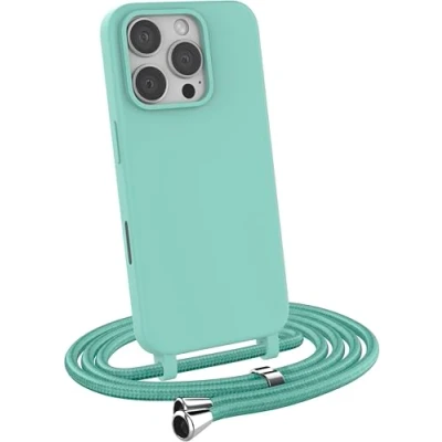 Abbildung von MyGadget Handykette für iPhone 16 Pro TPU Hülle mit Band Handyhülle Handyband zum Umhängen Kordel Schnur Case Schutzhülle Mint