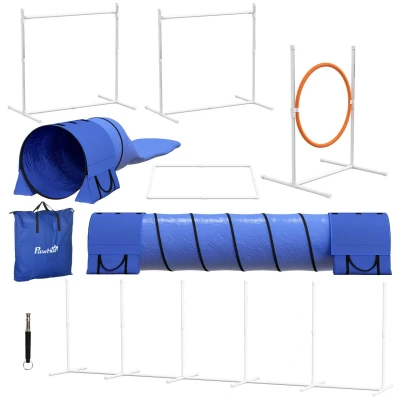 Abbildung von PawHut Agility Hürde mit Agilityhürden, Flechtstangen, Pausenbox, Tunnel, Sprungring, Kunststoff, Oxford, Steckhürdenset (7 tlg) inklusive Pfeife, Tragetasche