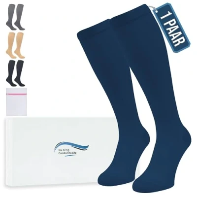Abbildung von 360 Relief Kompressionsstrümpfe Damen und Herren 1 Paar Kompressionssocken Einfarbig für Sport, Laufen, Flug, Reise, Joggen, Radsport, Kniestrümpfe, S/M Blau mit Wäschenetz