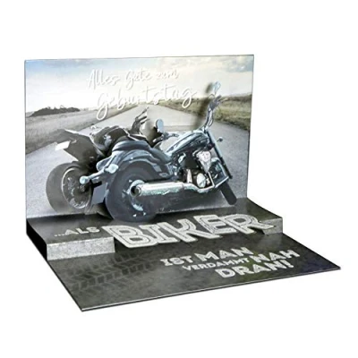 Abbildung von KE Glitzernde 3D Pop Up Geburtstagskarte, Biker Motiv, Hochwertige Karte, Einzigartige Überraschung für Motorradliebhaber