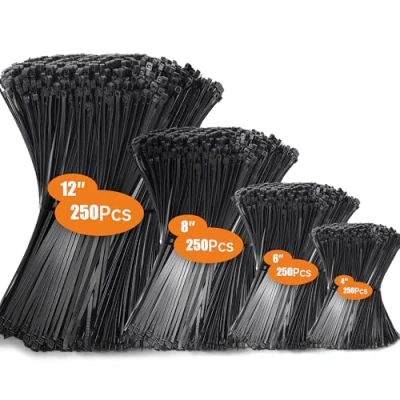 Abbildung von Hosuni 1000 Stück Kabelbinder Schwarz Set,100/150/200/300 mm UV Beständig,Cable Ties Nylon Verschiedene Größen für Kabelmanagement,Gartenarbeit,Wohnen,Werkstätten