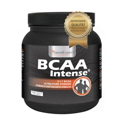 Abbildung von SanaExpert® BCAA Intense, Aminosäuren 2:1:1, L Leucin, Valin und Isoleucin, Pulver für 38 Portionen Sportgetränk, Pfirsich Eistee Geschmack, 500 g