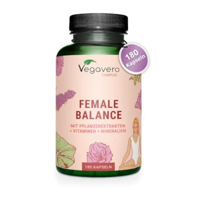 Abbildung von Female Balance Vegavero® 180 Kapseln Mönchspfeffer, Frauenmantel, Eisen, Quatrefolic® Folsäure, Actrisave® Zyklus Gleichgewicht Vegan Ohne Zusätze